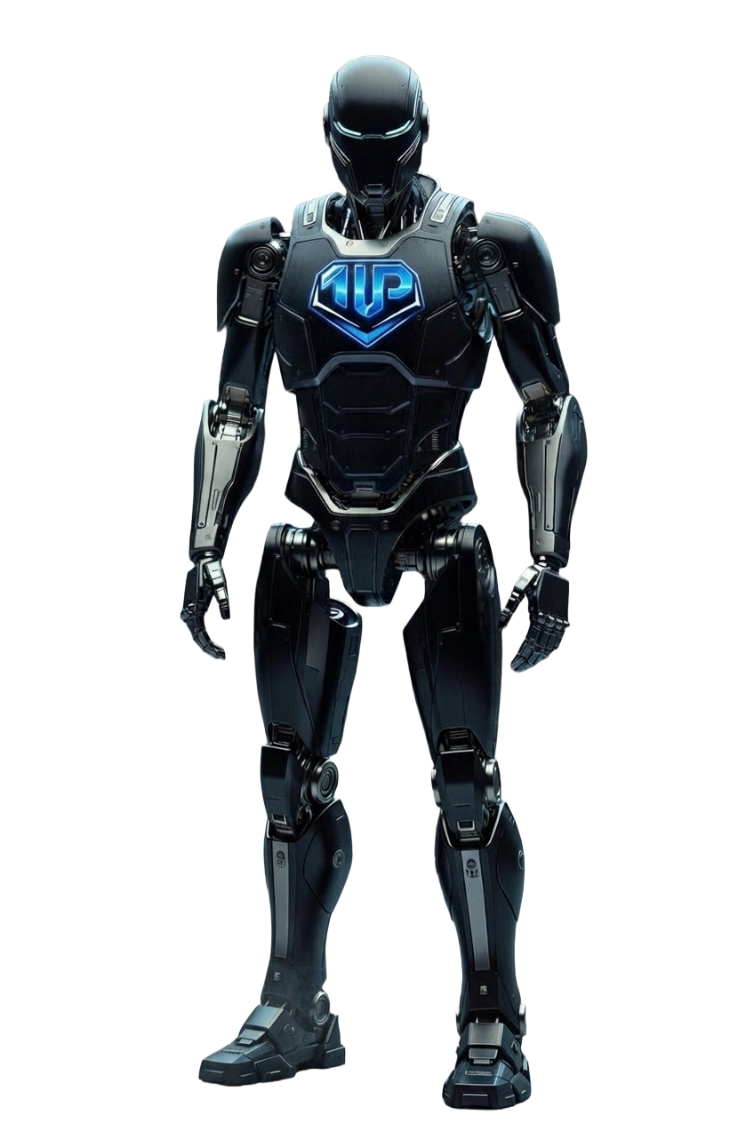 The 1UP Esports robot wearing the 1UP logo