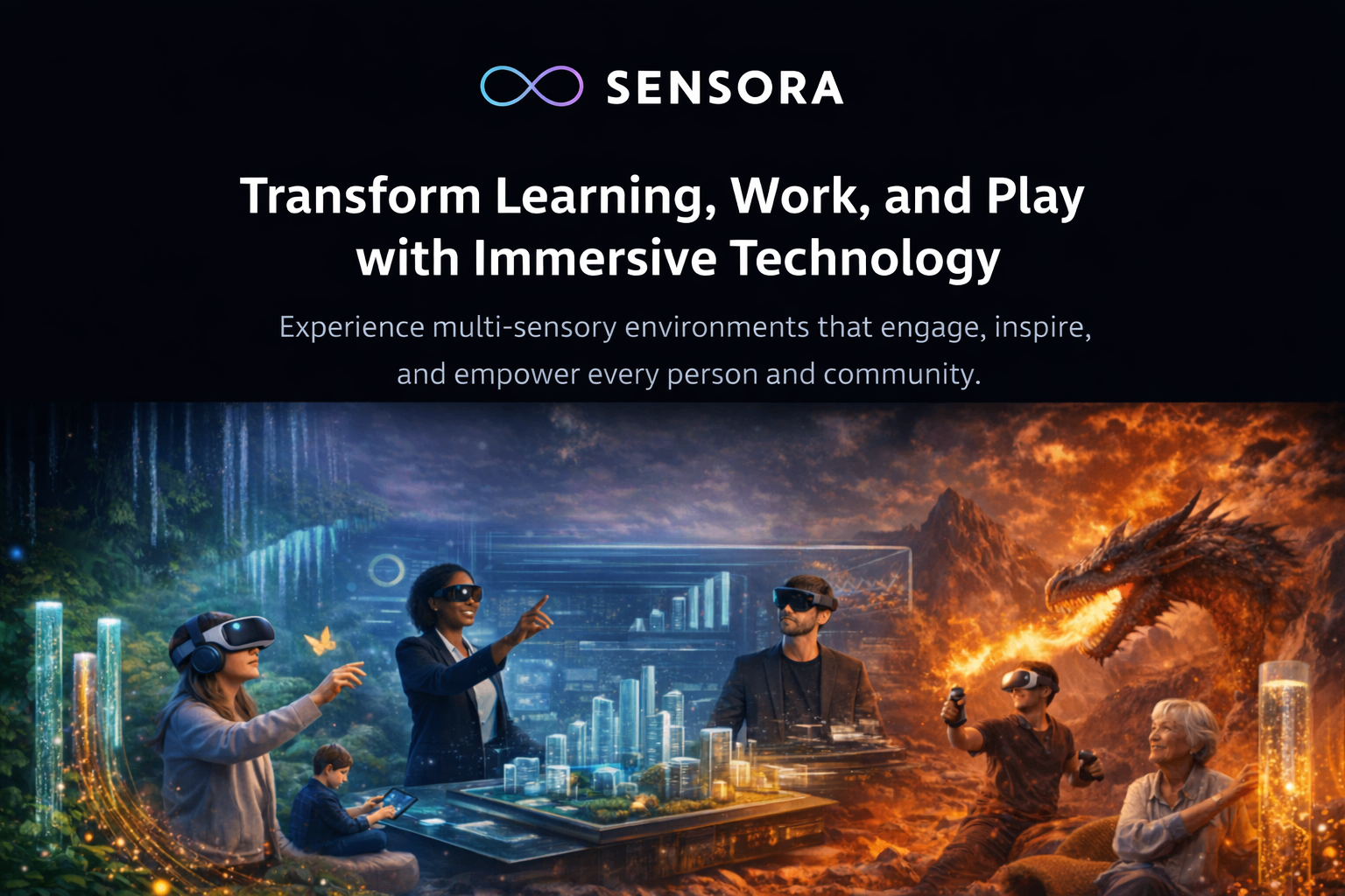 SENSORA — Transform Learning, Work, and Play with Immersive Technology. People wearing VR headsets exploring multi-sensory environments, from a glowing forest to a fiery dragon landscape.